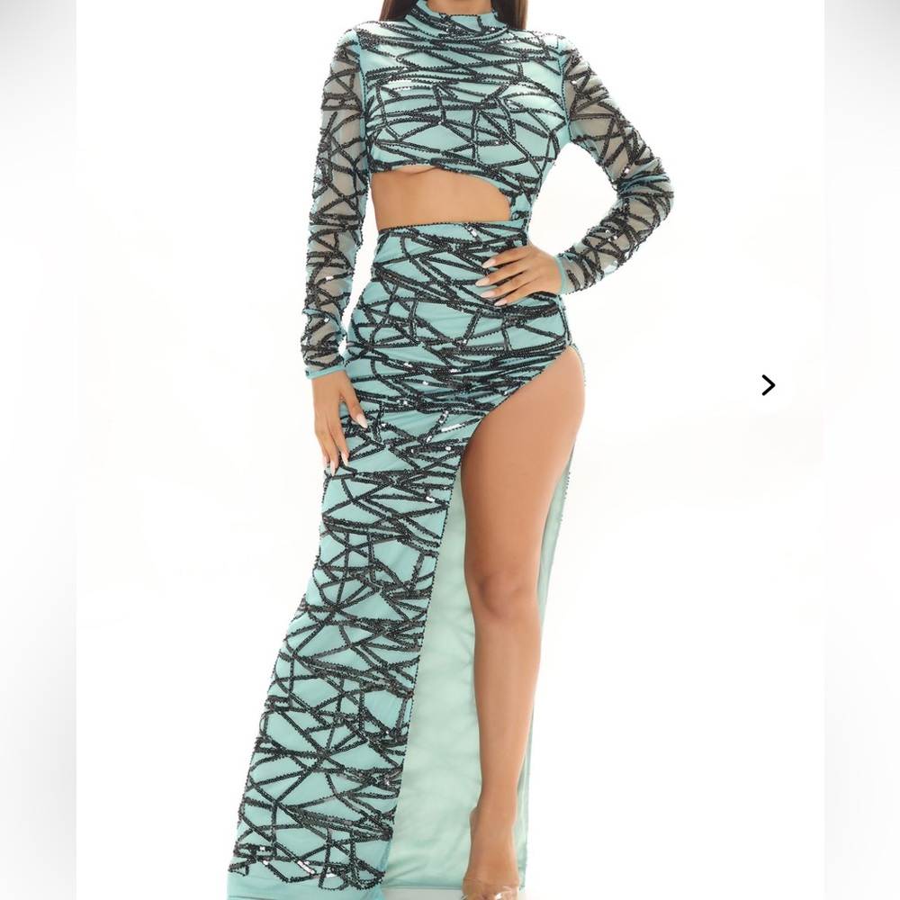 Fashion Nova Mint and Black Bodycon Maxi Dress Mock Neck Long Sleeve